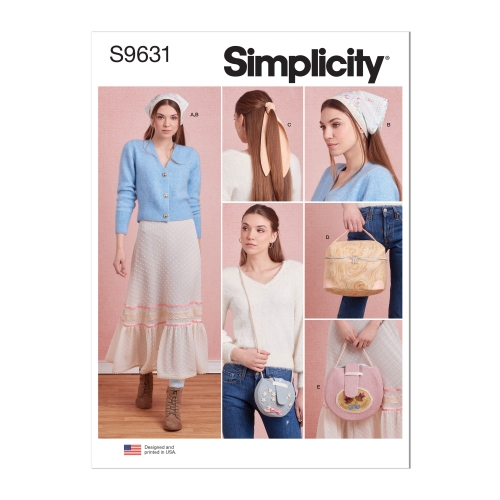 Simplicity lõikekomplekt S9631 Naiste Petti-seelik suurustes XS kuni XL, juukseaksessuaarid ja kotike