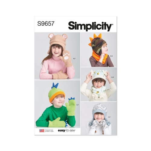 Simplicity ompelukaava S9657 Lasten hatut ja hanskat, koot S-M-L ja huivit tupsuilla
