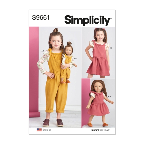 Simplicity lõikekomplekt S9661 Türdukute trikootopid, kombinesoon, kleit ja riided 46cm pikkusele nukule