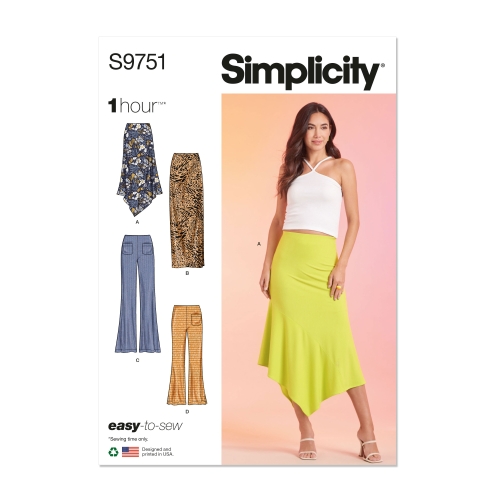 Simplicity lõikekomplekt S9751, trikoomaterjalist seelikud ja püksid kahes pikkuses