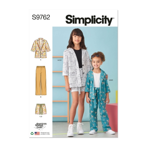 Simplicity ompelukaava S9762, lasten ja tyttöjen housut, shortsit ja takki - American Sewing Guildin suunnittelema