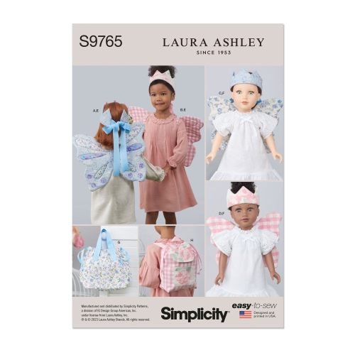 Simplicity lõikekomplekt S9765, LAURA ASHLEY poolt lastele disainitud tiivad (S-M-L), kott, seljakott ja kroon topstäidetud nukkudele