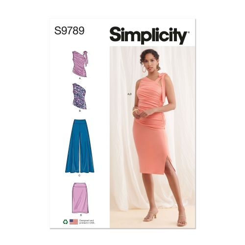 Simplicity lõikekomplekt S9789, Naiste trikoomaterjalist topp, seelik ja püksid