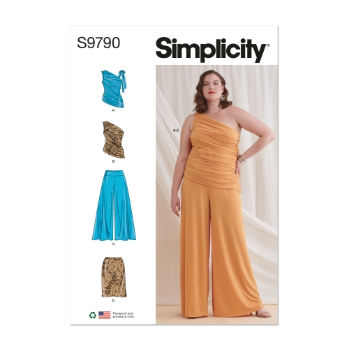 Simplicity lõikekomplekt S9790, Naiste trikoomaterjalist topp, seelik ja püksid