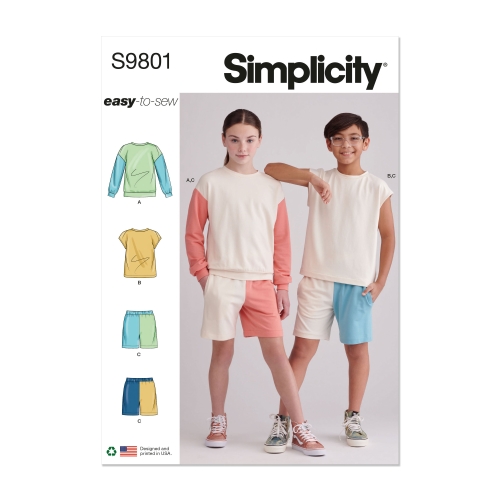Simplicity Sewing Pattern S9801 GIRLS' AND BOYS' SWEATSHIRTS AND SHORTS, SS9801A