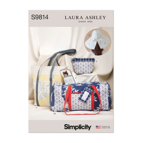 Simplicity lõikekomplekt S9814, Laura Ashley müts kolmes suuruses, taskud, kott, kosmeetikakott/pinal. nimesilditasku ja prillitasku