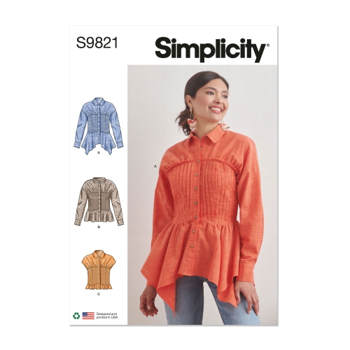 Simplicity ompelukaava S9821, Naisten paita kauluksen hihan ja helmavariaatioilla