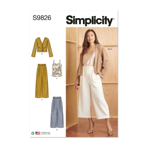 Simplicity lõikekomplekt S9826 MISSES' PANTS IN TWO LENGTHS, CAMISOLE AND CARDIGAN, SS9826