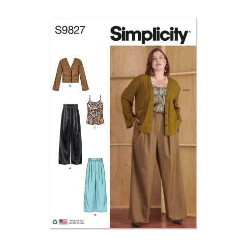 Simplicity lõikekomplekt S9827, Naiste püksid kahes pikkuses, särgik ja jakk