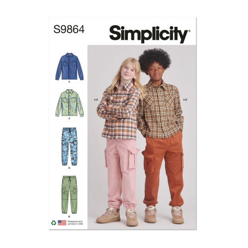 Simplicity Sewing Pattern S9864 GIRLS' AND BOYS' SHIRT AND CARGO PANTS, SS9864A