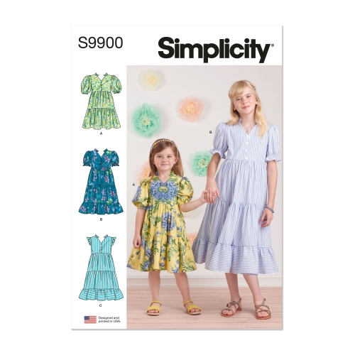 Simplicity ompelukaava S9900, lasten ja tyttöjen mekko pituus- ja hihavaihtoehdoilla