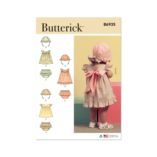 Lõikekomplekt BUTTERICK B6935 BABIES' TOP, PANTIES AND HAT, Sizes: A (XS-S-M-L), B6935A