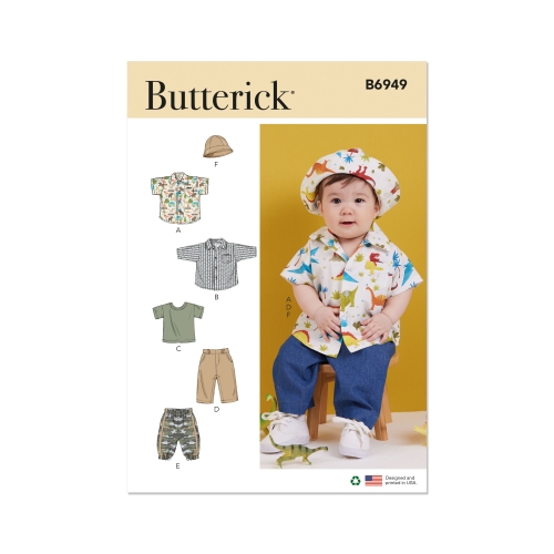 Lõikekomplekt BUTTERICK B6949 BABIES' SHIRTS, T-SHIRT, PANTS AND HAT, Sizes: A (XS-S-M-L), B6949A
