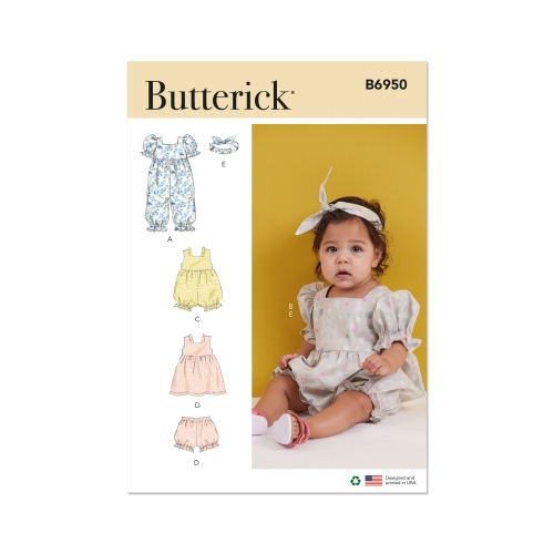 Lõikekomplekt BUTTERICK B6950 BABIES' ROMPERS, DRESS, BLOOMERS AND HEADBAND, Sizes: A (XS-S-M-L), B6950A