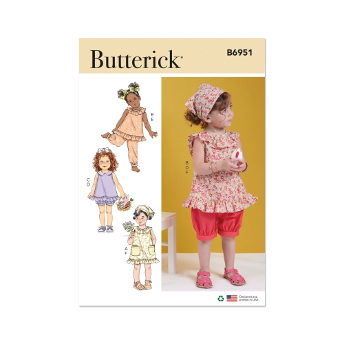 Lõikekomplekt BUTTERICK B6951 TODDLERS' DRESS, TOPS, SHORTS, PANTS AND KERCHIEF, Sizes: A (1/2-1-2-3-4), B6951A