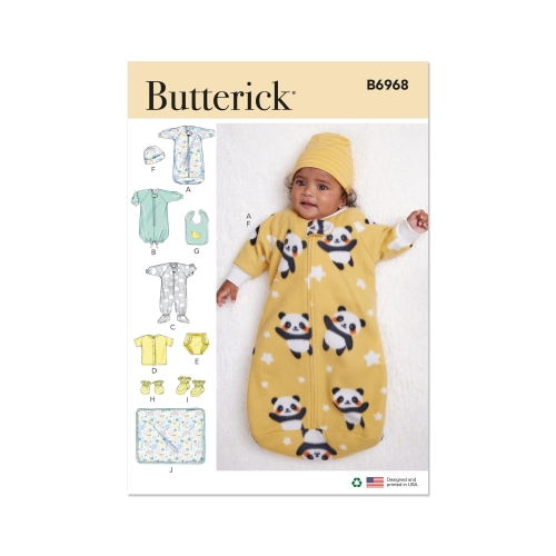 Lõikekomplekt BUTTERICK B6968 INFANTS' BUNTING, JUMPSUIT, SHIRT, DIAPER COVER, HAT, BIB, MITTENS, BOOTIES AND BLANKET, Sizes: A (XXS-XS-S-M-L), B6968A