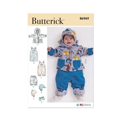 Lõikekomplekt BUTTERICK B6969 INFANTS' JACKET, OVERALLS, PANTS, HATS AND MITTENS, Sizes: A (XXS-XS-S-M-L), B6969A