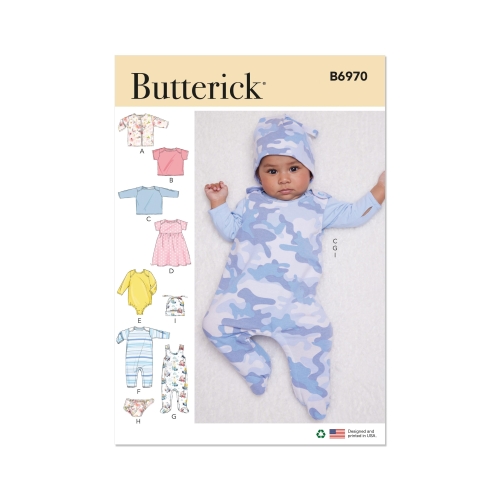 Lõikekomplekt BUTTERICK B6970 INFANTS' JACKET, TOPS, DRESS, ROMPERS, DIAPER COVER AND HAT, Sizes: A (XXS-XS-S-M-L), B6970A