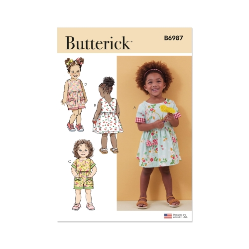 Lõikekomplekt BUTTERICK B6987 TODDLERS' DRESSES AND ROMPERS, Sizes: A (1/2-1-2-3-4), B6987A