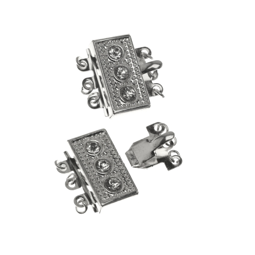 Karpkinnis kandiline antiikse mustriga kolme klaaskivikesega, Rectangular Box Clasp with Gems, 3 Eyelets, 18 x 9 x 4mm