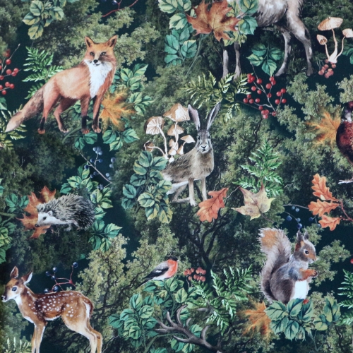 Metsateemaline, tugevam dekoratiivkangas prinditud mustriga, Woodland Creatures (Half Panama Premium), 140cm, 151030-1397