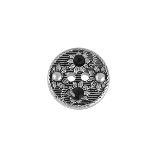 Metallilaadsest plastikust, reljeefse lillemustriga, klaaskristallidega, kahe auguga nööp 16mm, 24L