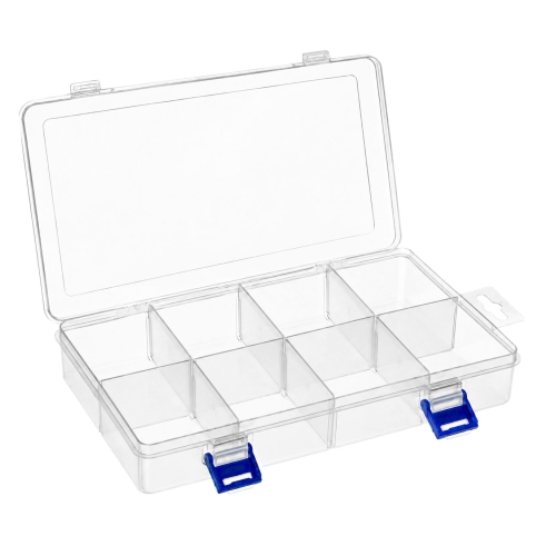 Plastmassist (PP) läbikumav säilituskarp, lukustatav, 8 sektoriga, 20 x 13,5 x 4,5 cm, KL1311
