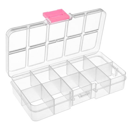 Plastmassist (PP) läbikumav õhuke säilituskarp, lukustatav, 10 sektoriga, 13 x 6,3 x 2 cm