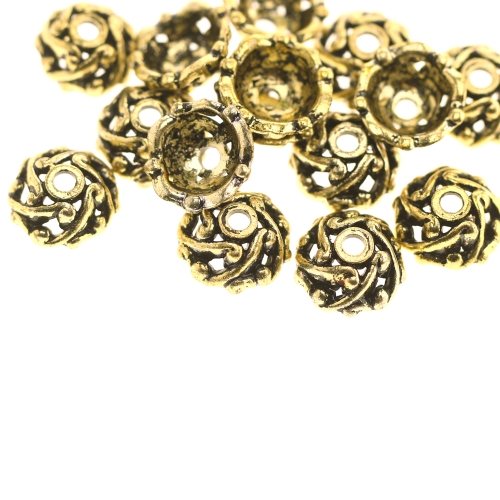 Kübarakujulised, antiikse reljeefse mustriga, metalse tooniga plastikhelmed 12 x 5mm