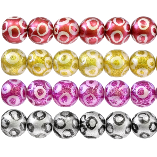 Ümarad, käsitsi maalitud ringimustriga klaashelmed, India, 12mm, 5tk komplektis