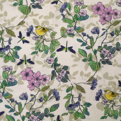 Linnukeste ja lillemustriga, puuvillane kangas (secret garden), 110cm, 53345