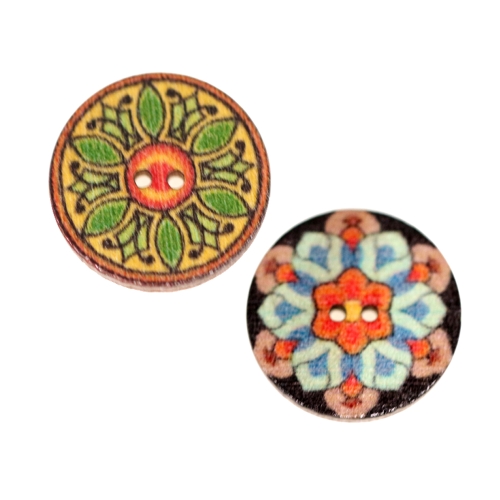 Kirju mustriga, sileda pinnaga, kahe auguga puidust nööp, 20x3 mm (32L)