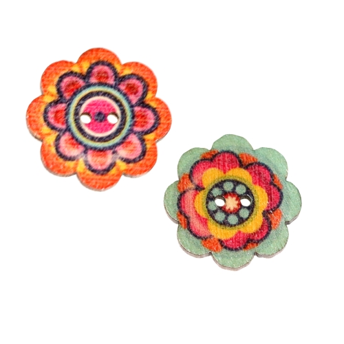 Lillekujuline, kirju mustriga, sileda pinnaga, kahe auguga puidust nööp, 20x3 mm (32L)