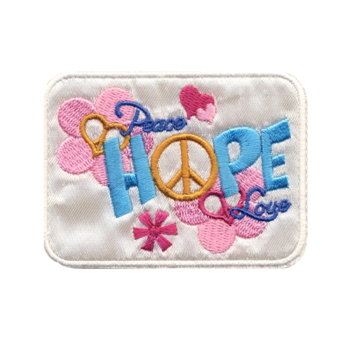 Triigitav aplikatsioon, hipiteemaline "Peace, hope, love" 8 x 6 cm