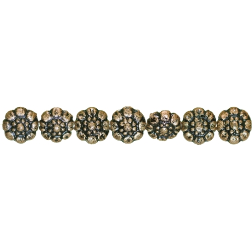 Ümarad, lapikud, lillekujulised, antiikse reljeefse mustriga plasthelmed 9 x 4mm