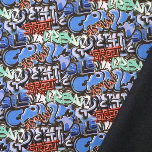 Graffiti mustriga, teiselt poolt pehme ühevärvilise fliisikihiga softshell kangas, 146,5cm, 209.795