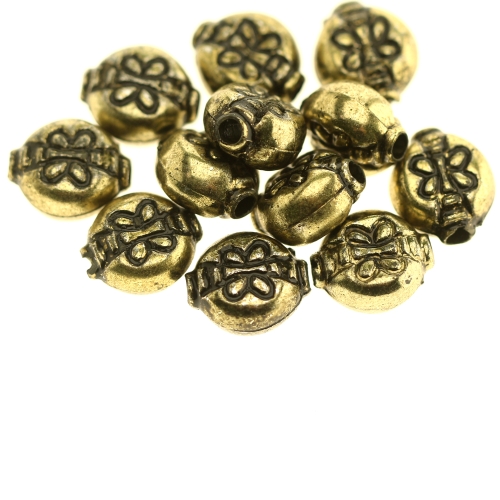 Ümarad, lapikud plasthelmed antiikse reljeefse mustriga metalse tooniga 12 x 10 x 6mm