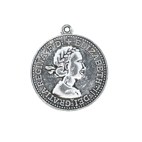 Mündi/medaljonitaoline riputis aasaga, kuninganna reljeefiga, teiselt poolt laeva pildiga, 25mm