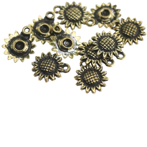 Päevalillekujulised, antiikse reljeefse mustriga, metalse tooniga plastikhelmed 15 x 3mm