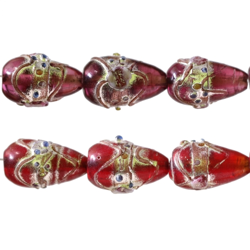 Tilgakujulised, reljeefse, metallik mustriga käsitööhelmed, 24 x 15mm, GOS, Varanasi - India