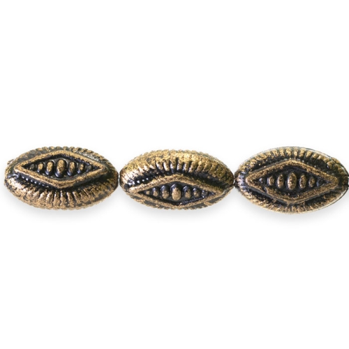 Ovaalsed, lapikud plasthelmed antiikse reljeefse mustriga metalse tooniga 15 x 9 x 6mm