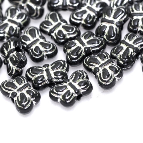 Erineva kujuga mustad, hõbedase mustriga plastikhelmed 5- 8mm; väikepakend 20- 30tk