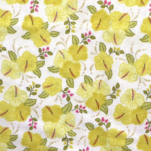 Hibiskuse õitega (yellow hibiscus) puuvillane kangas, sarjast Lewis &amp; Irene, 110cm, A192