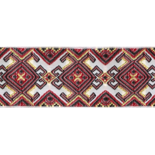 Valgel taustal värviline, kootud, laiusega kirju, kuld- ja hõbeniitidega ornamendimustriga kaunistuspael 33 mm; 35941
