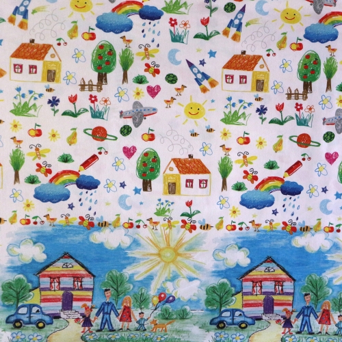 Laste joonistustega, puuvillane trikookangas, muster asetseb servade suunas, 150cm, 3804