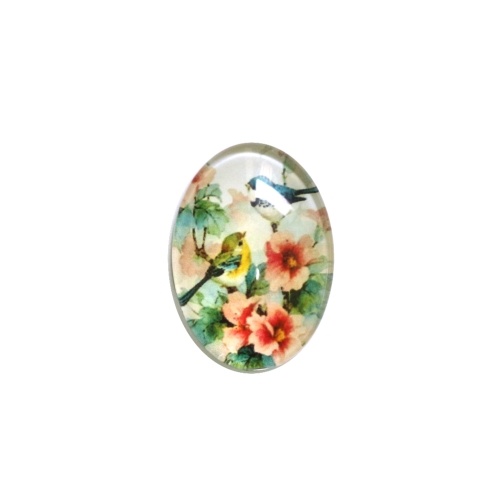 Maalilise linnu- ja lillemotiiviga ovaalne lameda põhjaga liimitav klaashelmes, 25 × 18 × 6 mm
