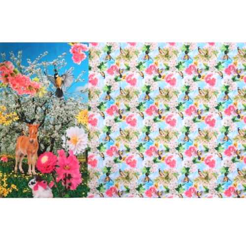Kevadised õied, varsake, linnud ja jänkud, trikotaažist kupong, 100 cm x 150 cm