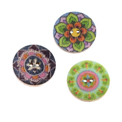Kirju maalilise mustriga, sileda pinnaga, kahe auguga puidust nööp, 20 mm (32L)