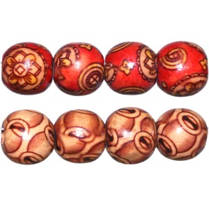 Round Wooden Beads with African-Inspired Patterns, Ø 14 mm