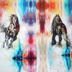 Visandlikult joonistatud hobustega, trikookangas kupongina 150 cm x 150 cm, Stenzo, 15970